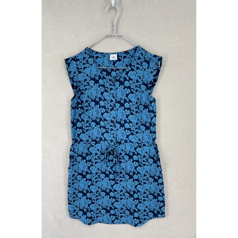 CAbi Dress S Blue Floral Java Tie Waist Button Up Short Pockets 5265 - Picture 2 of 9